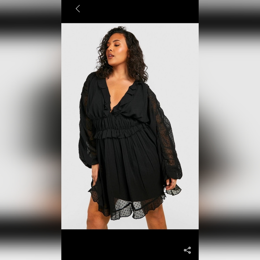 Boohoo Plus Size Dobby Mesh Ruffle Smock Dress sz 16 - Picture 3 of 3